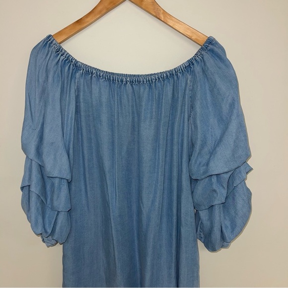 Zara Denim Dress Size Medium Blue Tiered Puff Sleeves Mini Off-The-Shoulder Jean - Picture 4 of 9
